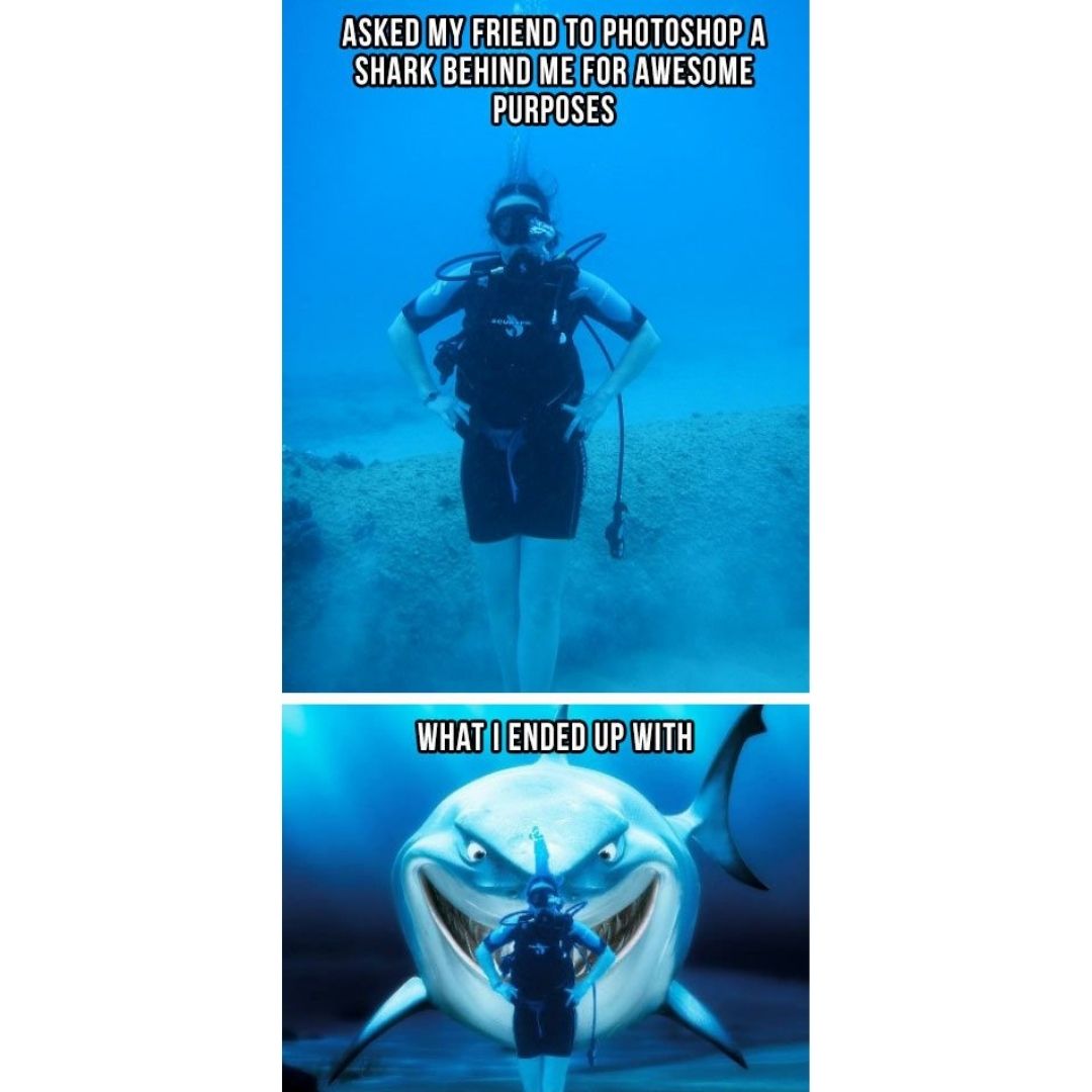 Big Shark Photoshop funny scuba diving meme