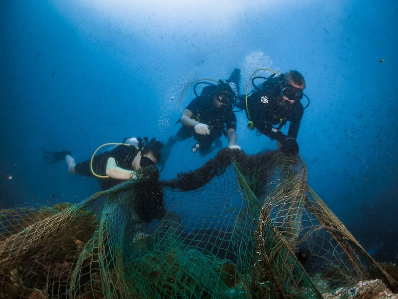 Scuba diver tangled in an abandoned fishing net PADI Open Water Knowledge Review 5 Answers